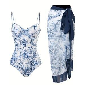 Joau Womens Medium 1 Piece Swimsuit High Cut Tummy Control Long Sarong Cover Up